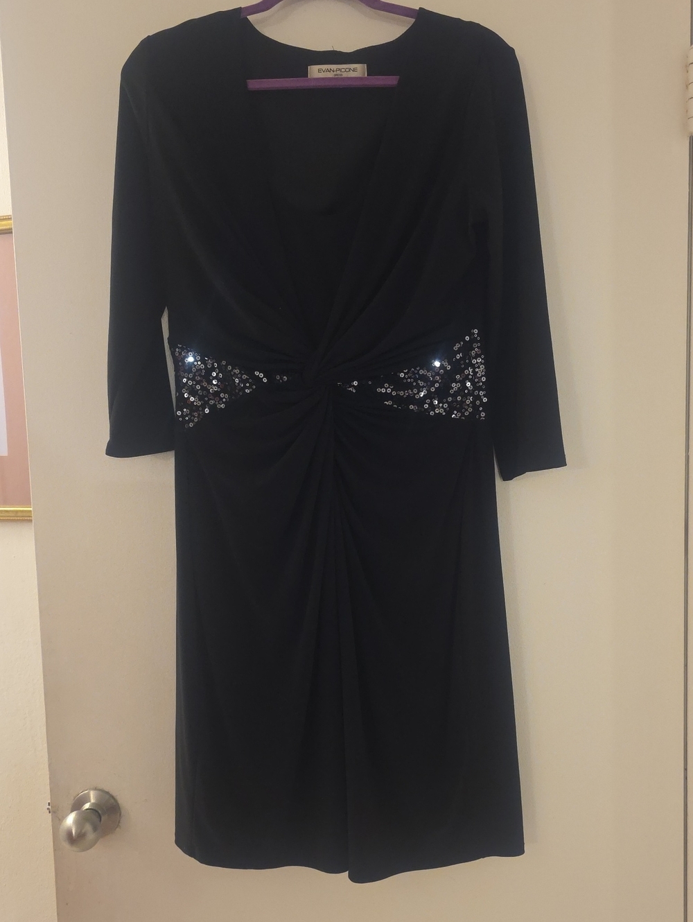 Evan Picone Black Long-Sleeve Twist-Front Dress with Sequin Waist